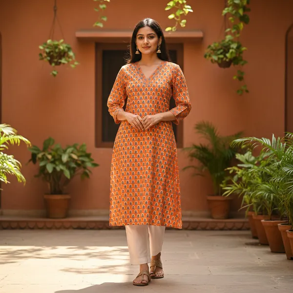 Orange_Printed_Cotton_V-Neck_Straight_Kurta