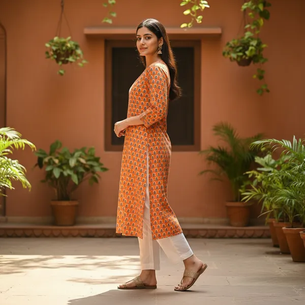 Orange_Printed_Cotton_V-Neck_Straight_Kurta