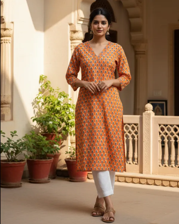 Orange_Printed_Cotton_V-Neck_Straight_Kurta