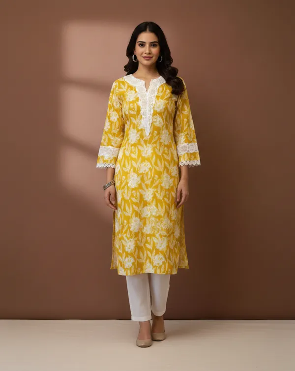 Mustard_Floral_Print_Cotton_Kurta_With_Lace_Trim