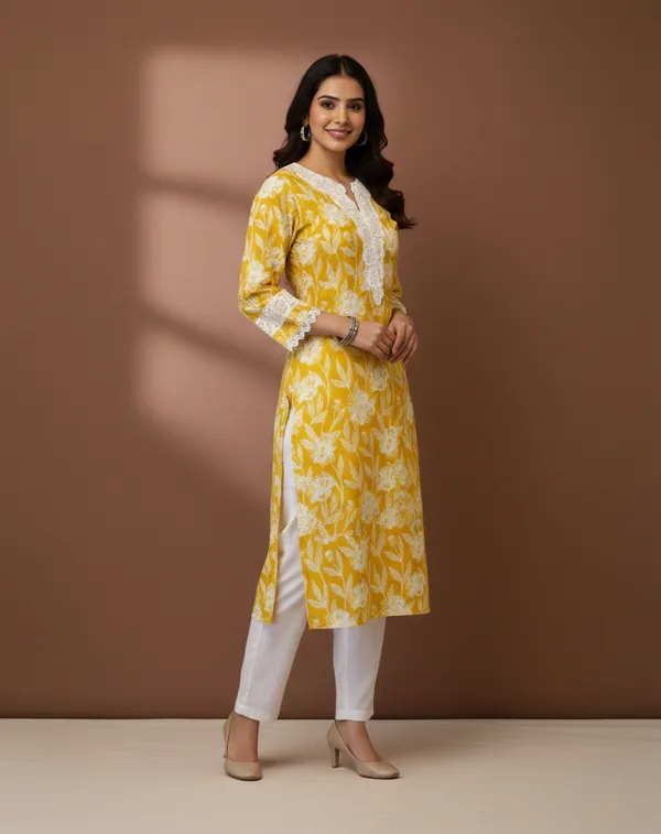 Mustard_Floral_Print_Cotton_Kurta_With_Lace_Trim