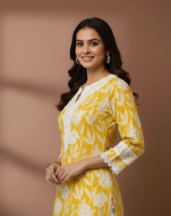 Mustard_Floral_Print_Cotton_Kurta_With_Lace_Trim