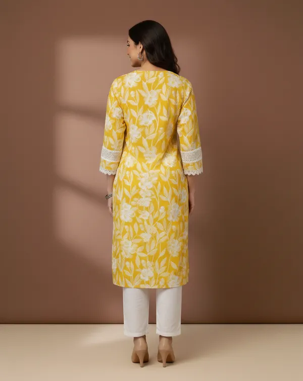 Mustard_Floral_Print_Cotton_Kurta_With_Lace_Trim