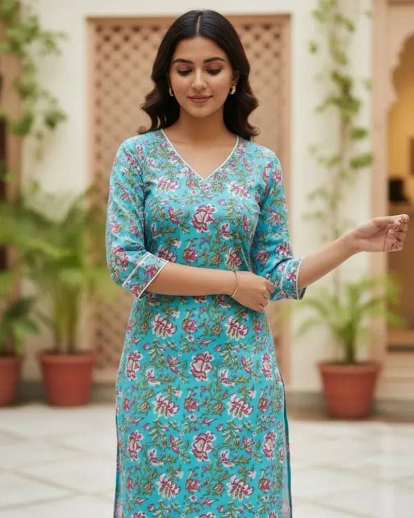 Turquoise_Floral_Block_Print_V-Neck_Cotton_Kurta