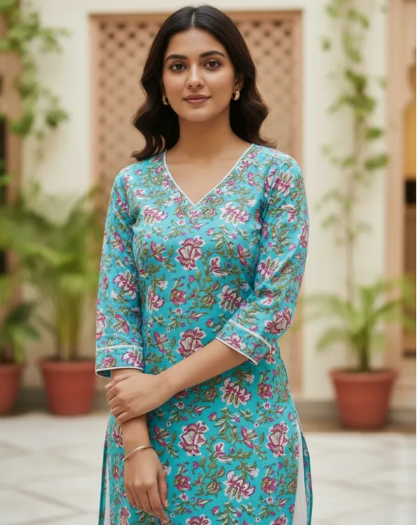 Turquoise_Floral_Block_Print_V-Neck_Cotton_Kurta