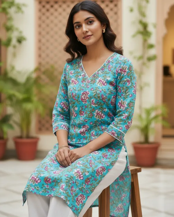 Turquoise_Floral_Block_Print_V-Neck_Cotton_Kurta