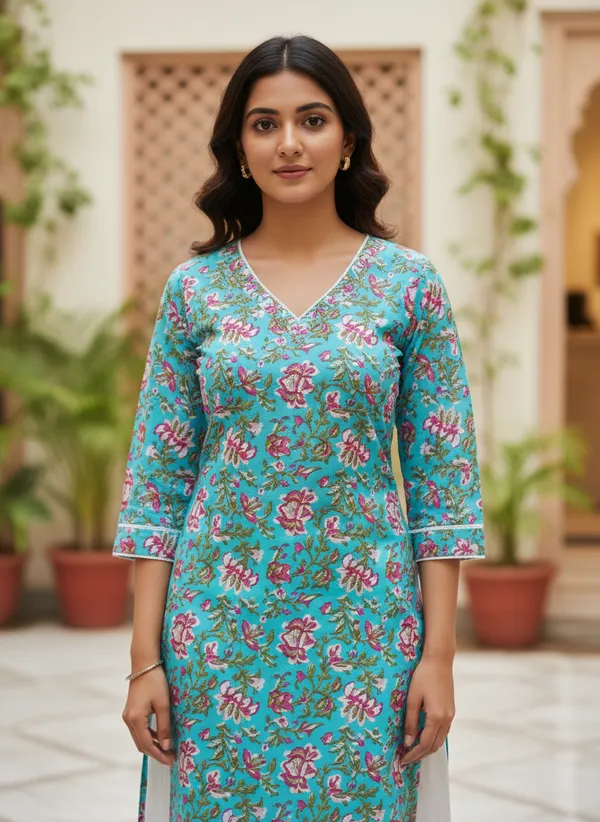 Turquoise_Floral_Block_Print_V-Neck_Cotton_Kurta