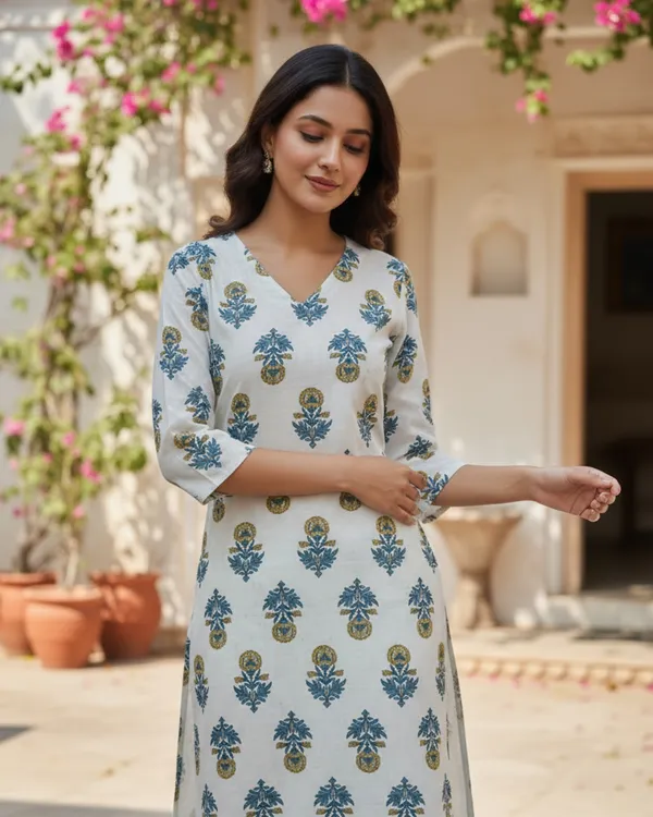 Block_Print_Cotton_V-Neck_A-Line_Kurta
