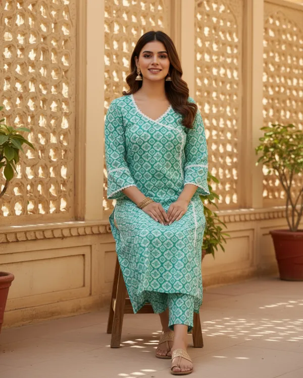 Teal_Block_Print_Cotton_Kurta_Set_With_Lace_Trim