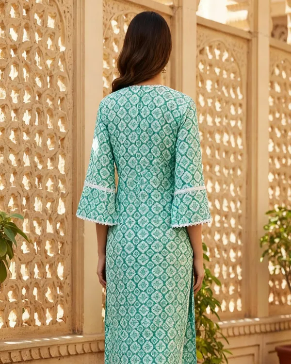 Teal_Block_Print_Cotton_Kurta_Set_With_Lace_Trim
