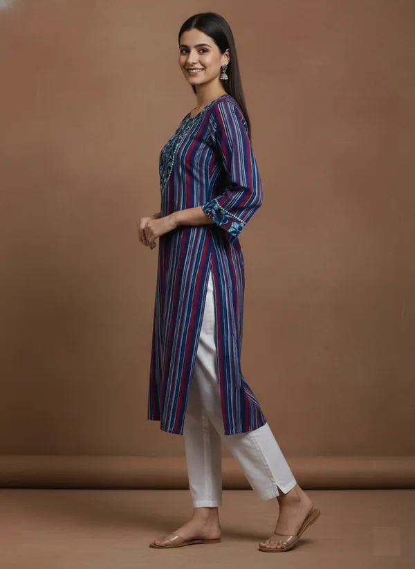 Indigo_Striped_Cotton_Kurta_With_Embroidered_Yoke