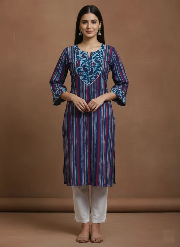 Indigo_Striped_Cotton_Kurta_With_Embroidered_Yoke