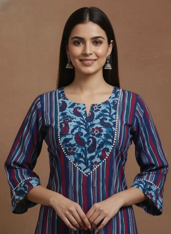 Indigo_Striped_Cotton_Kurta_With_Embroidered_Yoke