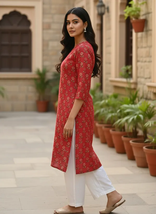 Crimson_Floral_Print_Cotton_V-Neck_Kurt