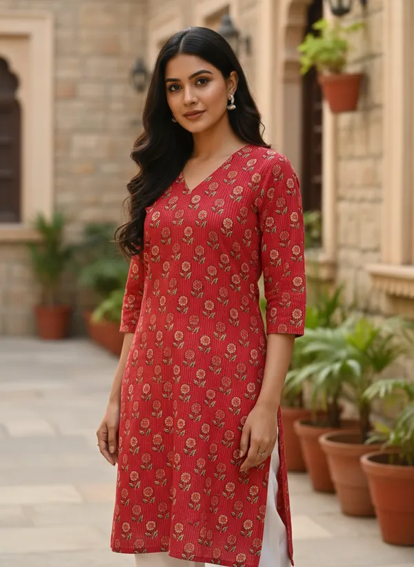 Crimson_Floral_Print_Cotton_V-Neck_Kurt
