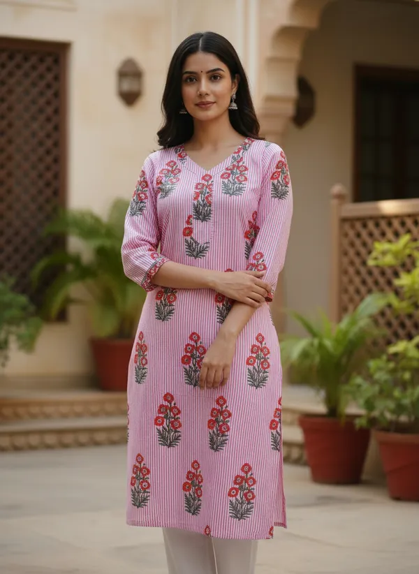 Pink_Striped_Cotton_Floral_Print_V-Neck_Kurta