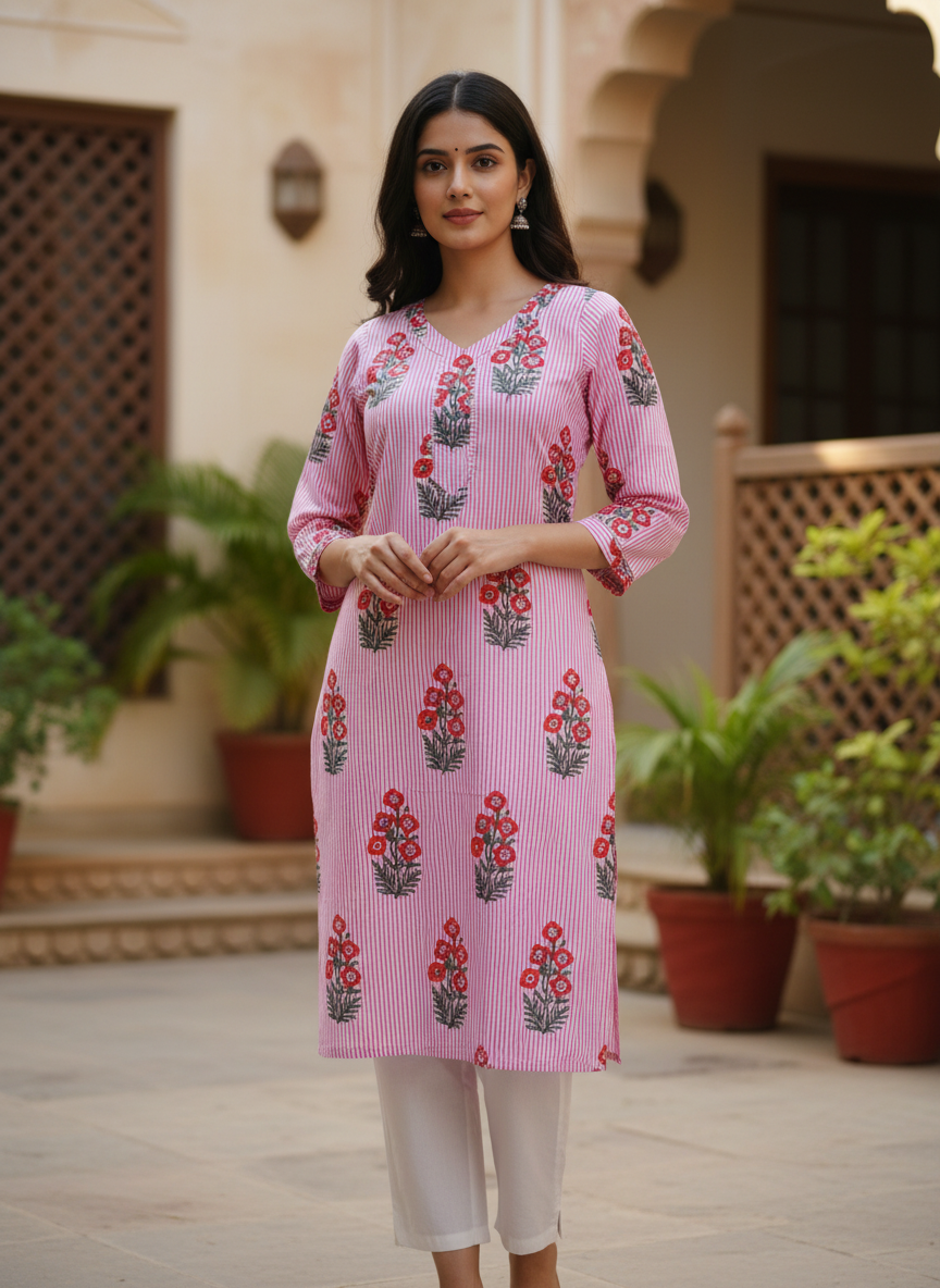 Pink_Striped_Cotton_Floral_Print_V-Neck_Kurta