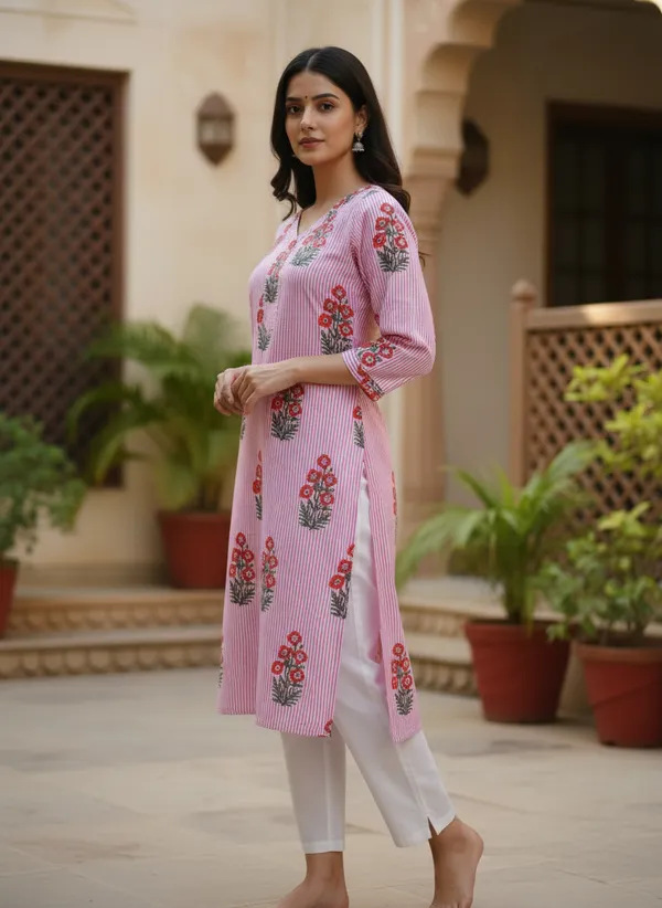Pink_Striped_Cotton_Floral_Print_V-Neck_Kurta