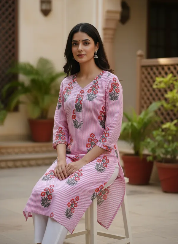 Pink_Striped_Cotton_Floral_Print_V-Neck_Kurta