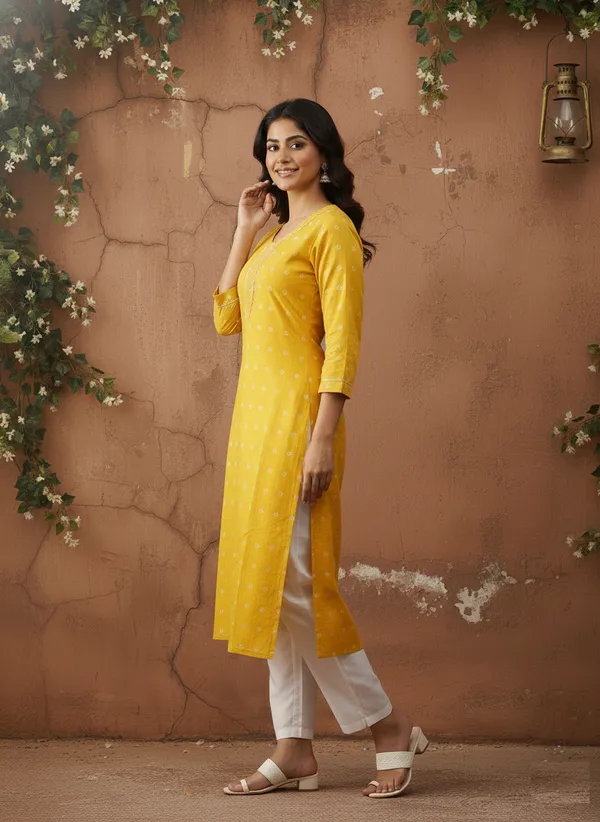 Yellow_Bandhani_Print_Cotton_V-Neck_Kurta