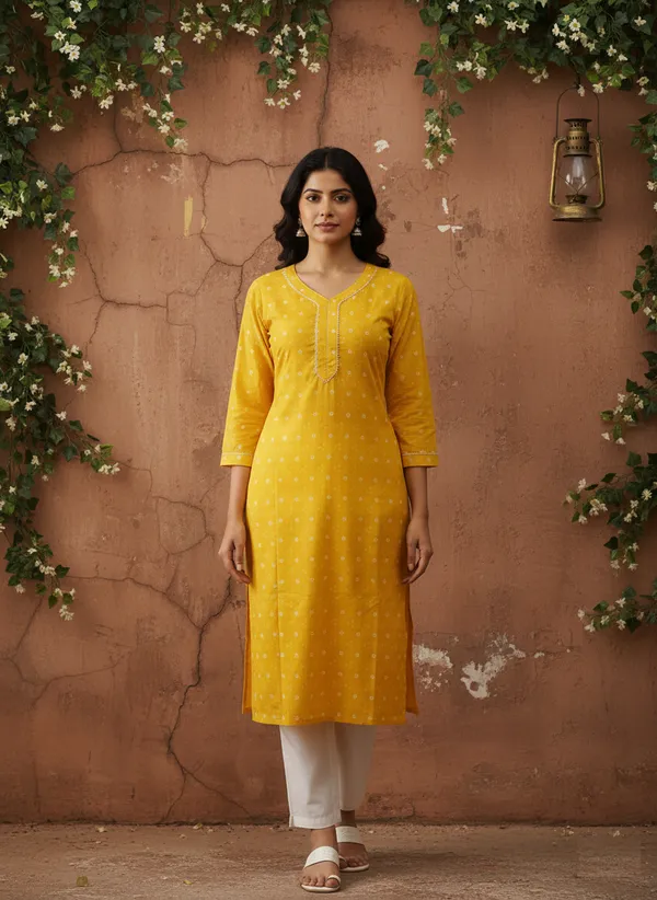 Yellow_Bandhani_Print_Cotton_V-Neck_Kurta
