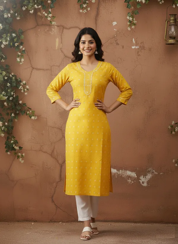 Yellow_Bandhani_Print_Cotton_V-Neck_Kurta