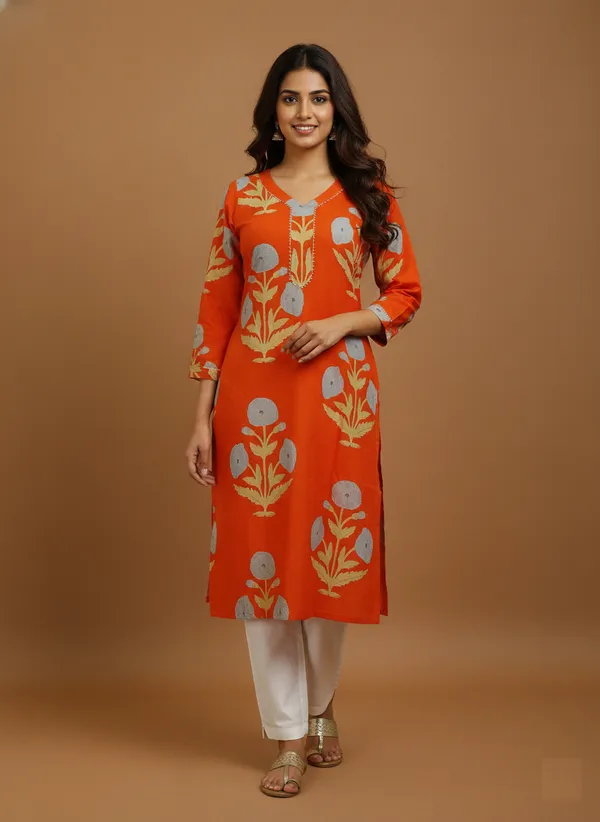 Vibrant_Orange_Floral_Printed_Cotton_Kurta