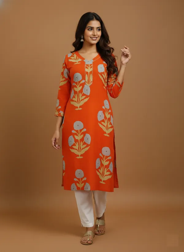 Vibrant_Orange_Floral_Printed_Cotton_Kurta