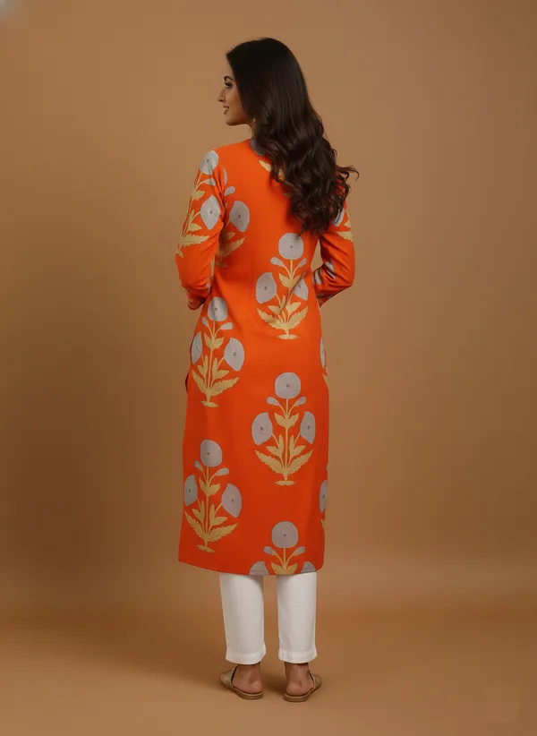 Vibrant_Orange_Floral_Printed_Cotton_Kurta