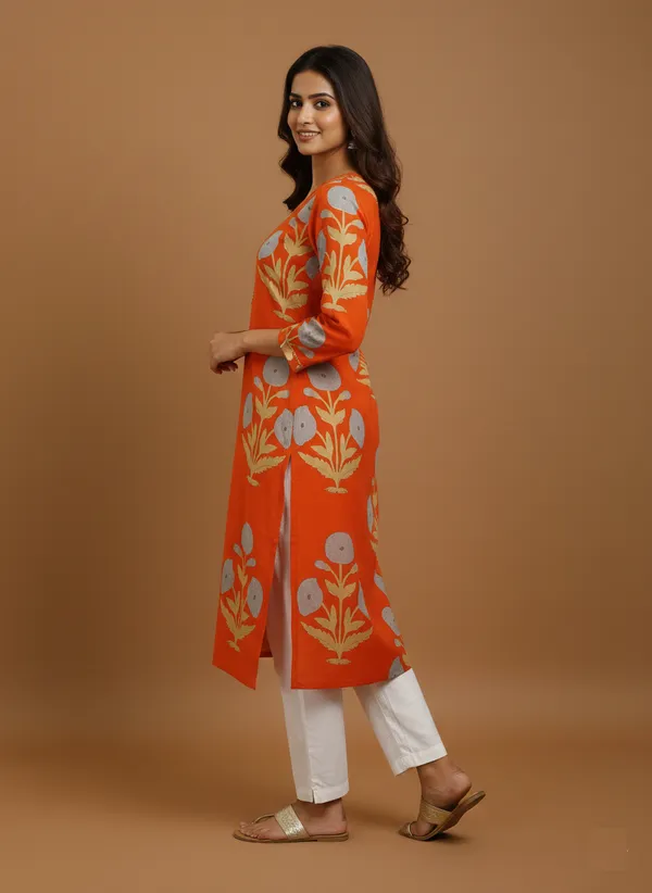 Vibrant_Orange_Floral_Printed_Cotton_Kurta