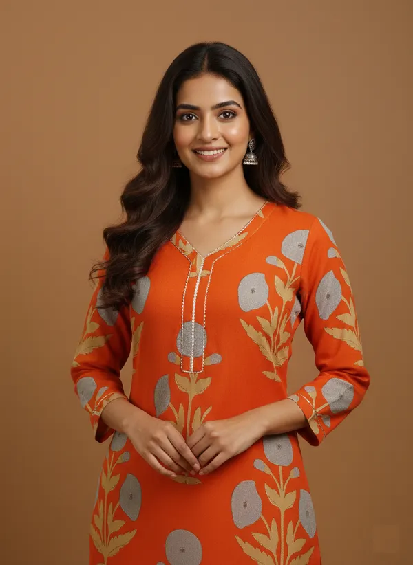Vibrant_Orange_Floral_Printed_Cotton_Kurta