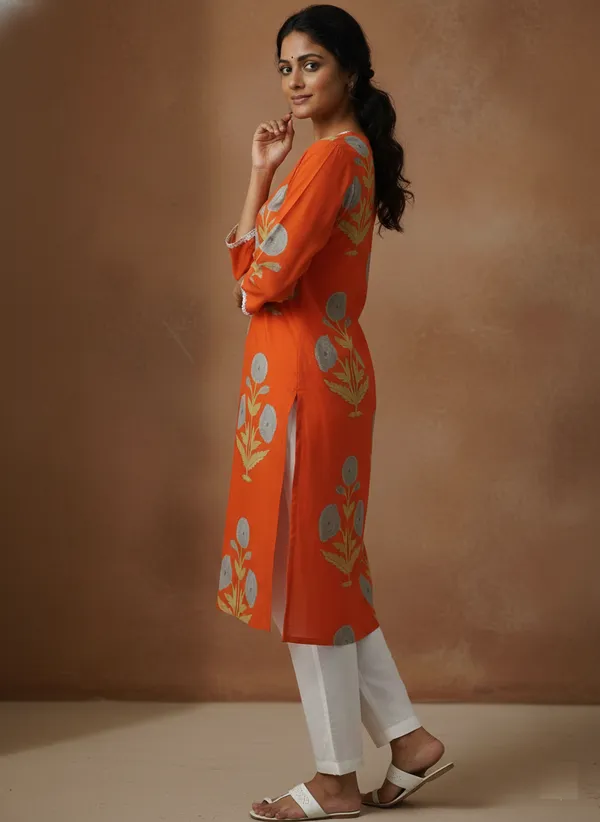 Block_Print_Cotton_Orange_Kurta_With_Lace