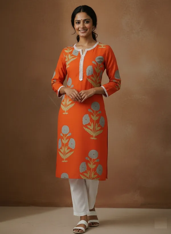 Block_Print_Cotton_Orange_Kurta_With_Lace
