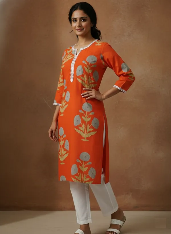 Block_Print_Cotton_Orange_Kurta_With_Lace