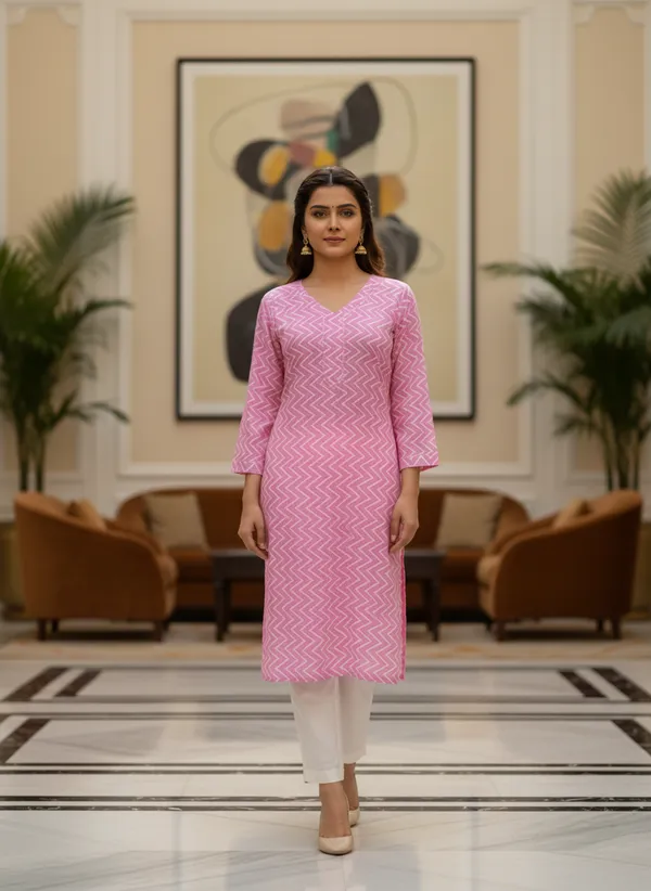 Pink_Zig-Zag_Print_Cotton_V-Neck_Kurta