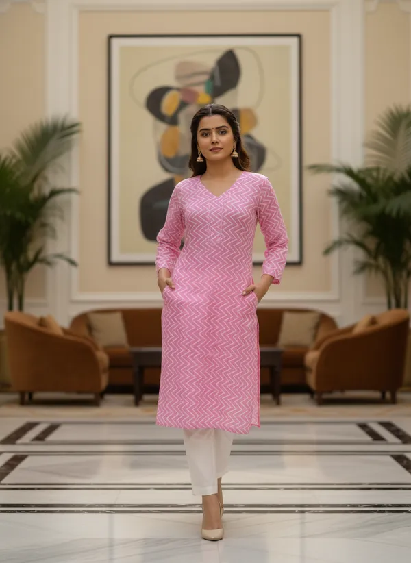 Pink_Zig-Zag_Print_Cotton_V-Neck_Kurta