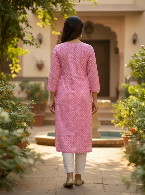 Pink_Zig-Zag_Print_Cotton_V-Neck_Kurta