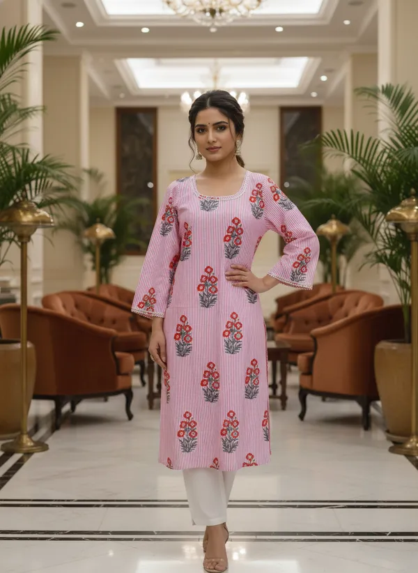 Pink_Striped_Block_Print_Cotton_Office_Kurta