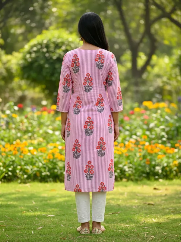 Pink_Striped_Block_Print_Cotton_Office_Kurta