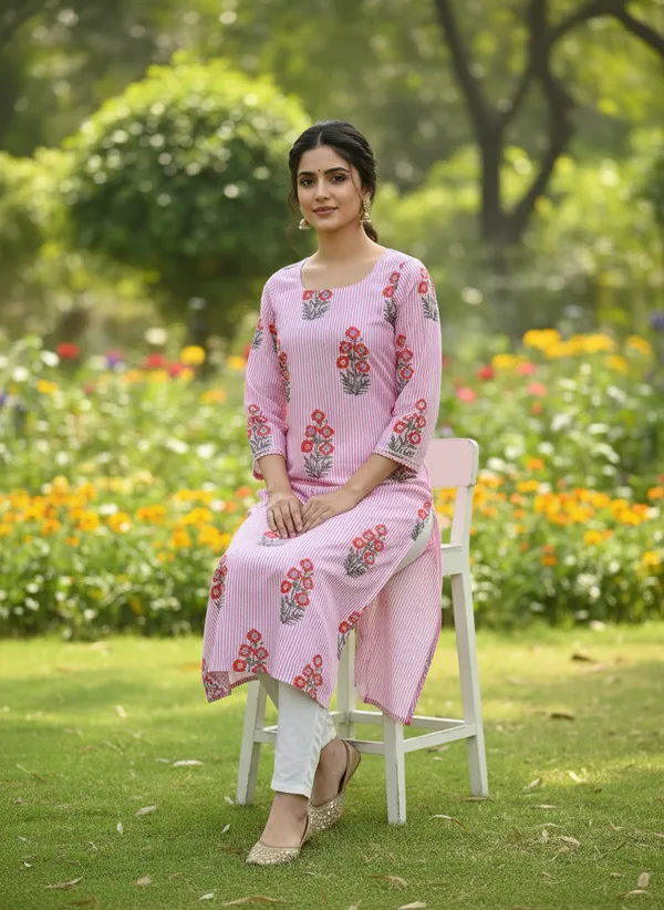 Pink_Striped_Block_Print_Cotton_Office_Kurta