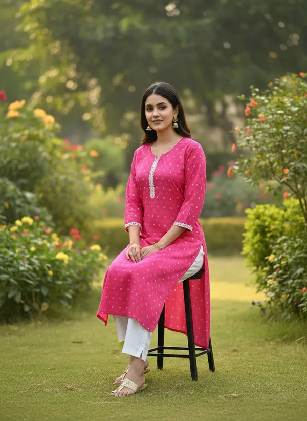 Pink_Bandhani_Print_Cotton_Kurta_With_Lace