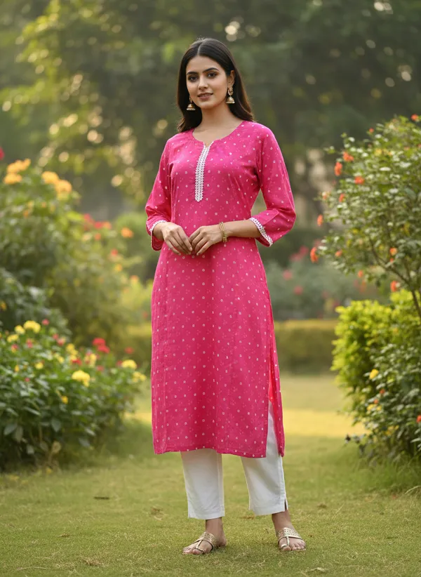 Pink_Bandhani_Print_Cotton_Kurta_With_Lace