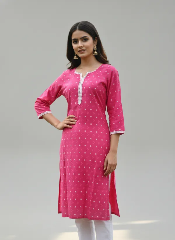 Pink_Bandhani_Print_Cotton_Kurta_With_Lace
