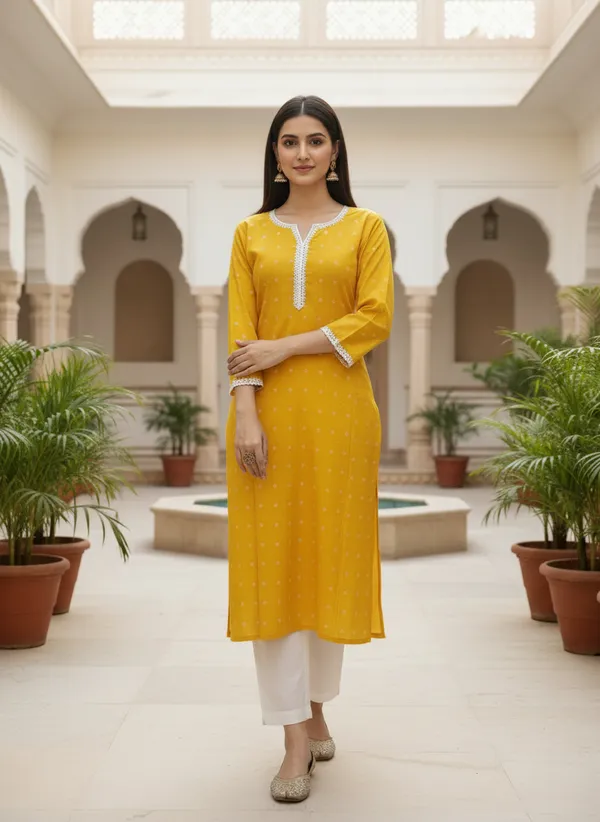 Vibrant_Yellow_Printed_Cotton_Kurta_With_Lace_Detailing