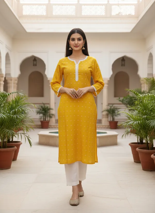 Vibrant_Yellow_Printed_Cotton_Kurta_With_Lace_Detailing