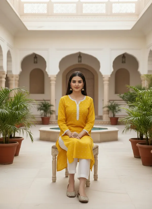 Vibrant_Yellow_Printed_Cotton_Kurta_With_Lace_Detailing