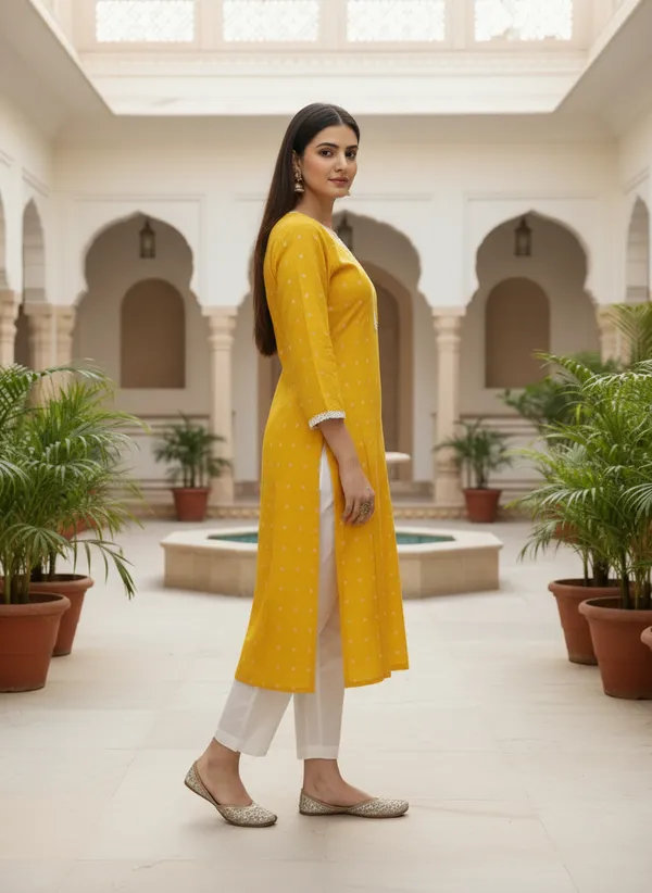 Vibrant_Yellow_Printed_Cotton_Kurta_With_Lace_Detailing