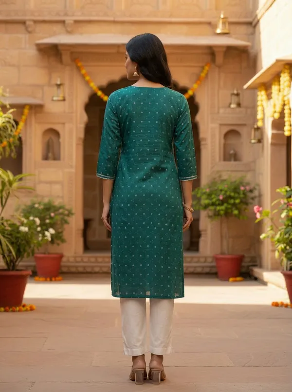 Andhani_Print_V-Neck_Green_Cotton_Kurta