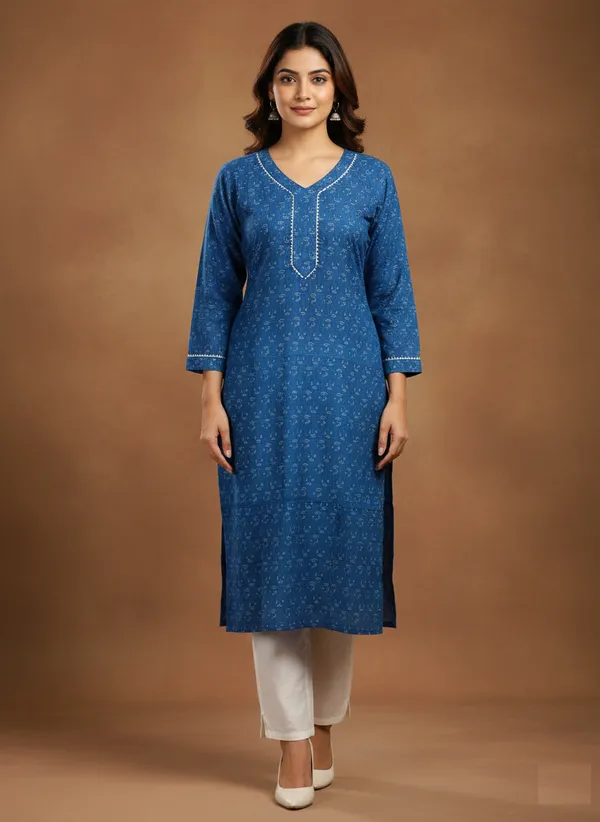 Indigo_Block_Print_Cotton_Kurta_With_V-Neck