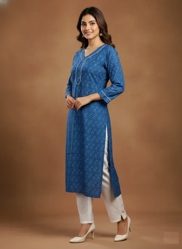 Indigo_Block_Print_Cotton_Kurta_With_V-Neck